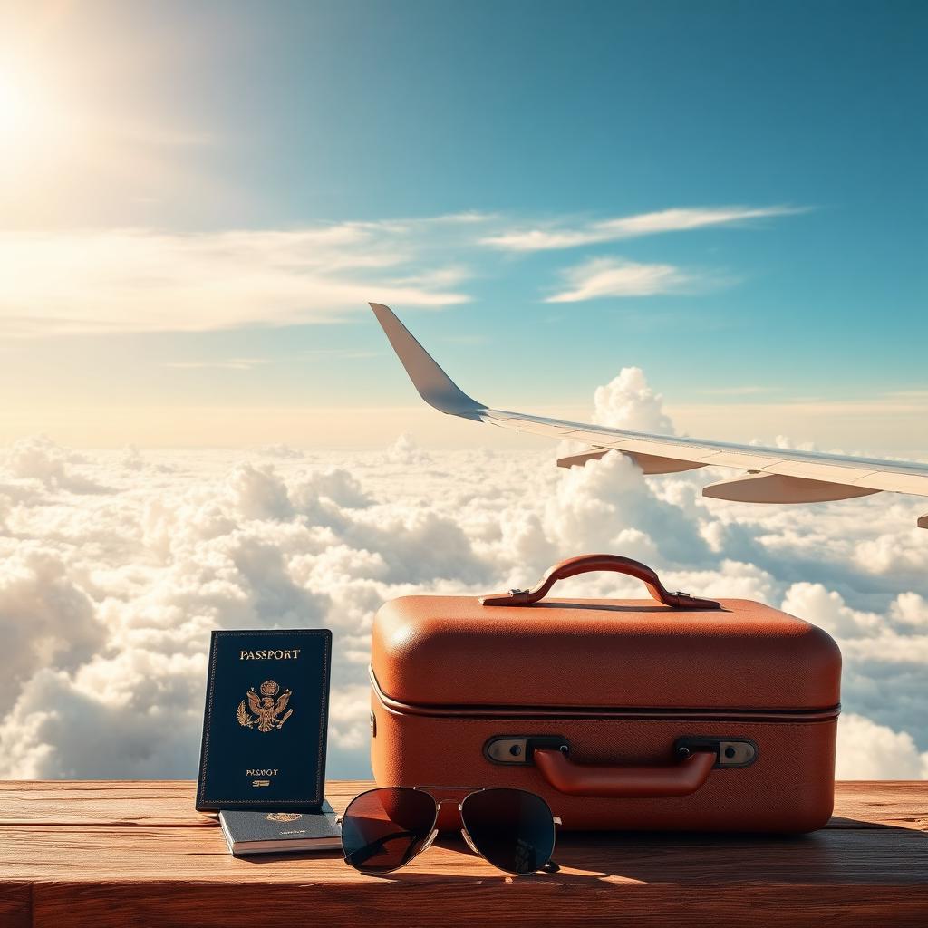 Passport, suitcase and sunglasses with an airplane wing above the clouds