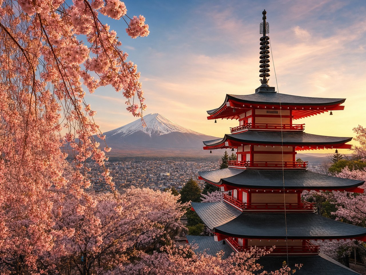 Traditional Japanese temple and pagoda with Mount Fuji in the background