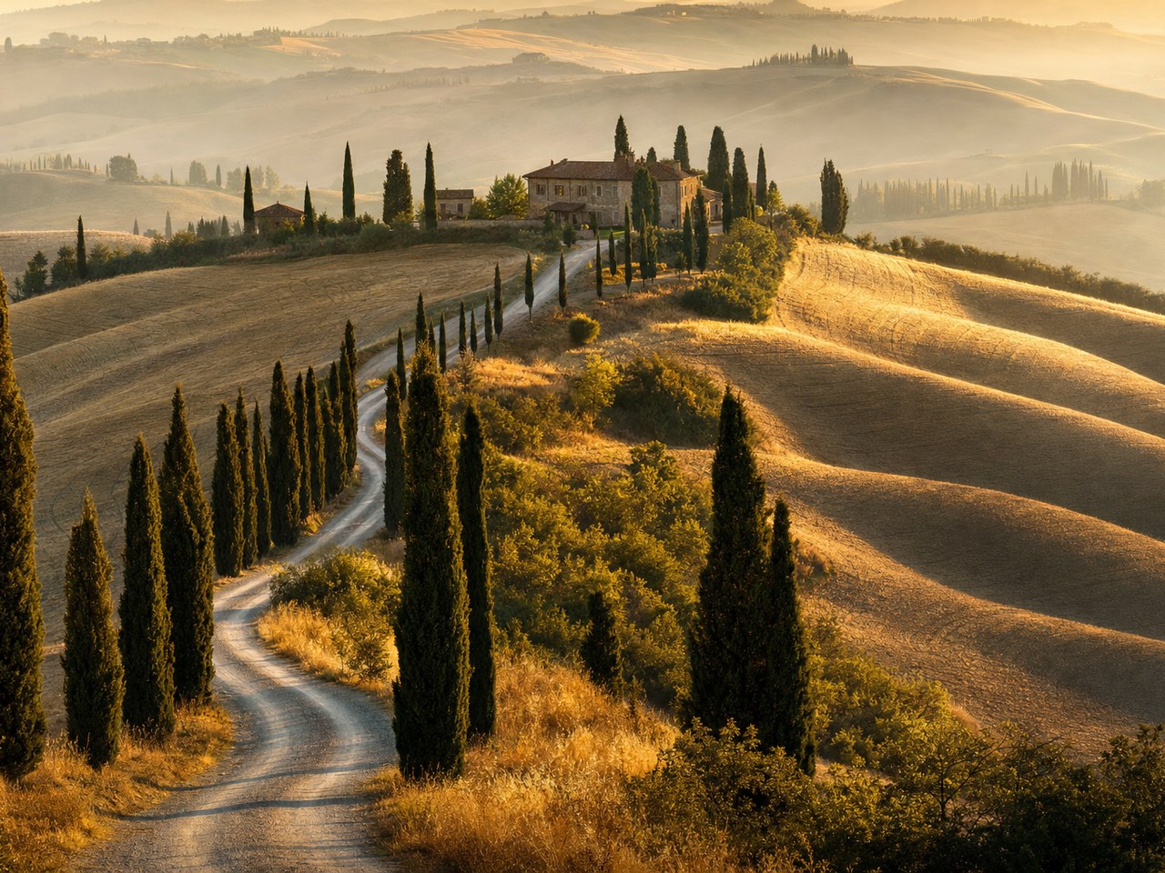 Rolling Tuscan vineyards with cypress trees and a hilltop village