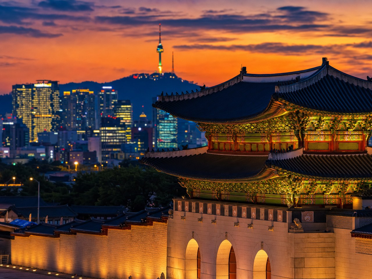 Seoul skyline with ancient palace rooftops and modern skyscrapers