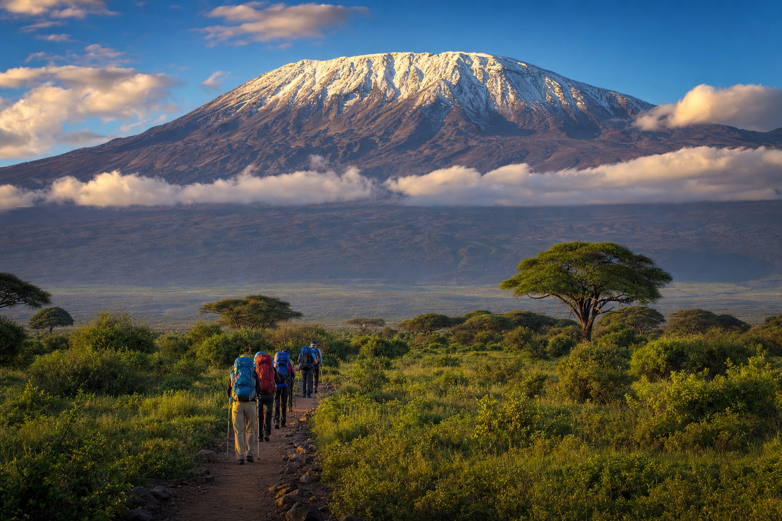 Trekkers on the trail below the snow-capped summit of Mount Kilimanjaro at sunrise