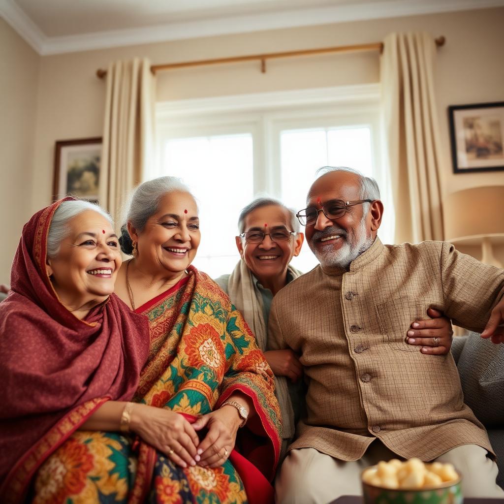 Smiling South Asian grandparents surrounded by their family in Canada