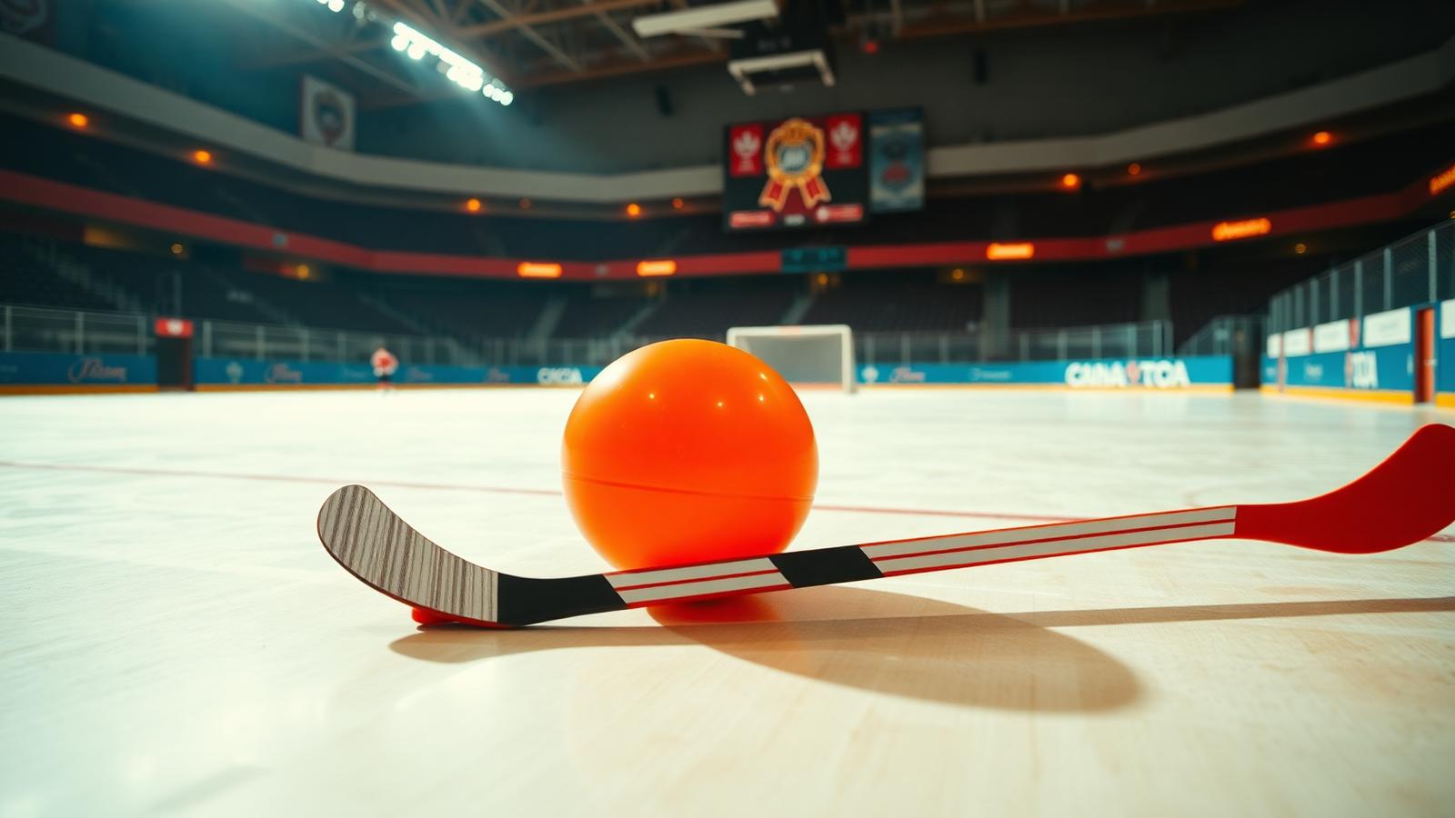 Orange ball hockey ball and sticks on an indoor arena playing surface