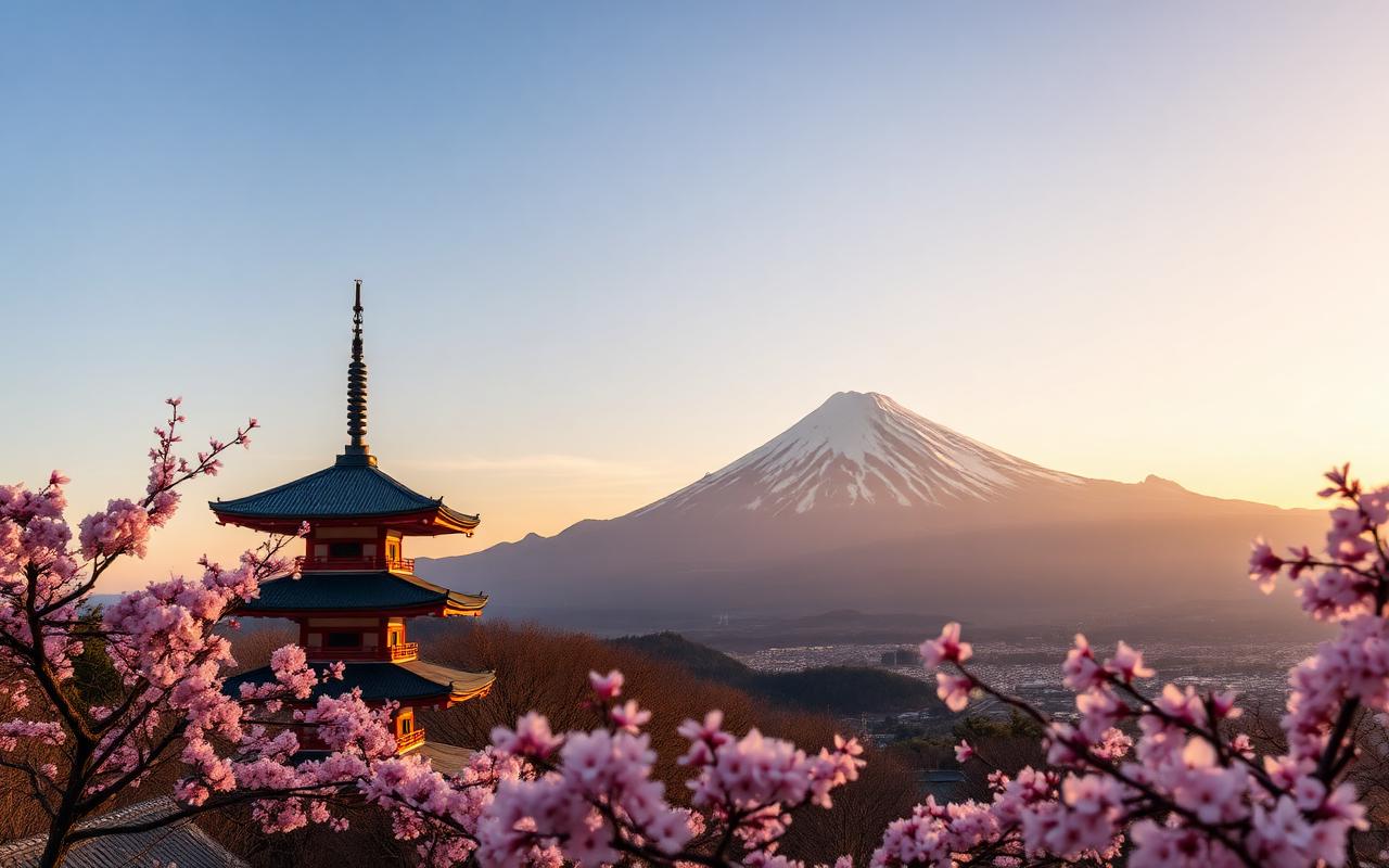 Japanese landscape with mountains and temples