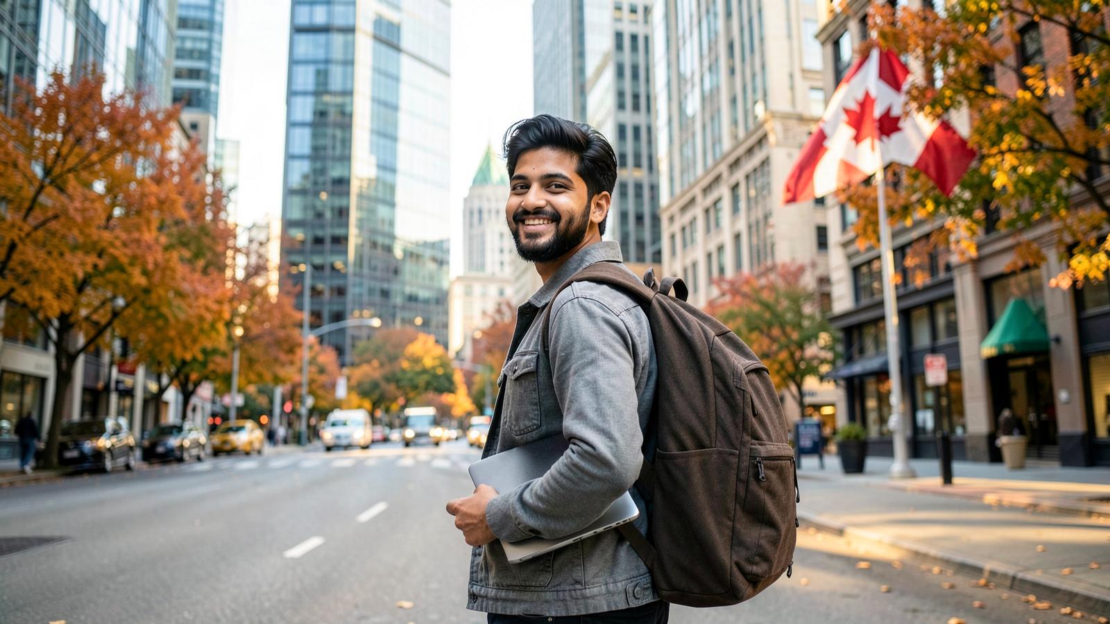 Tech professional working on a laptop with a Canadian city skyline in the background